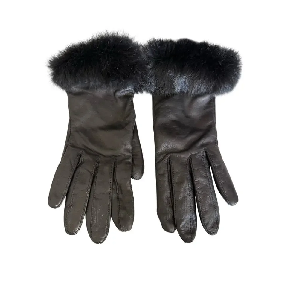 Grandoe Black Genuine Leather Gloves Faux Fur Cuff Winter Gloves Medium